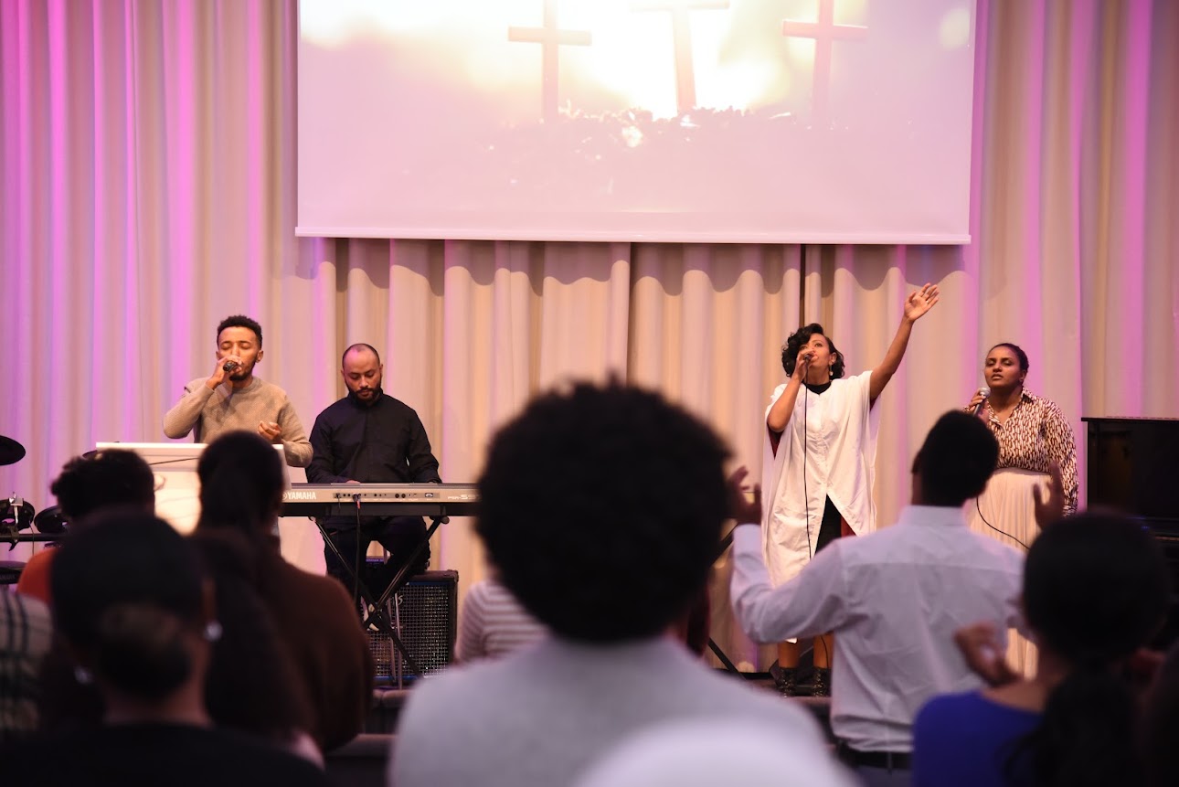 Sunday worship service with congregation